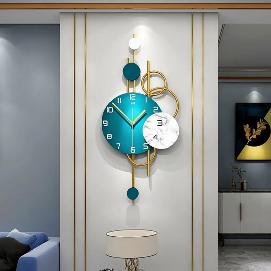 Wall Clock Teal And Gold Vertical Sculptural Frame Marble Detail