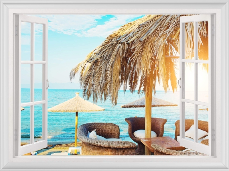 Wall Decal Faux Window Beach View 3D Effect Tropical Coastal Art