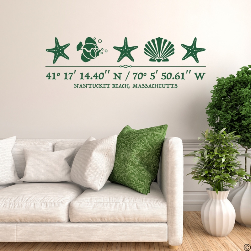 Wall Decal Nautical Coordinate Graphic Sea Life Icons Forest Green