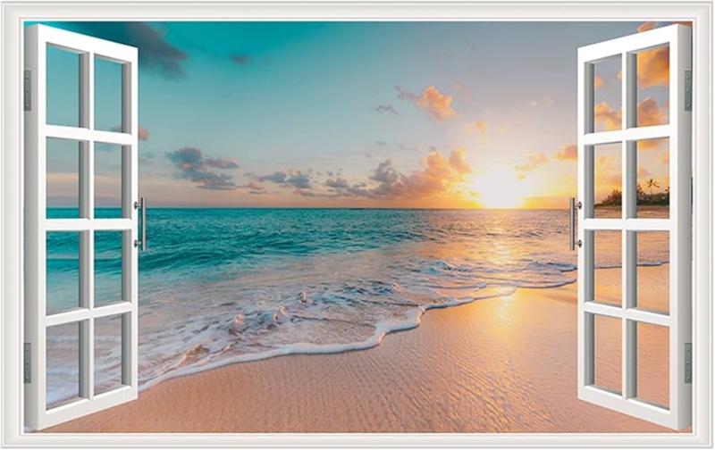 Wall Decal Sunset Seascape Faux Window Open Casement View 3D Effect