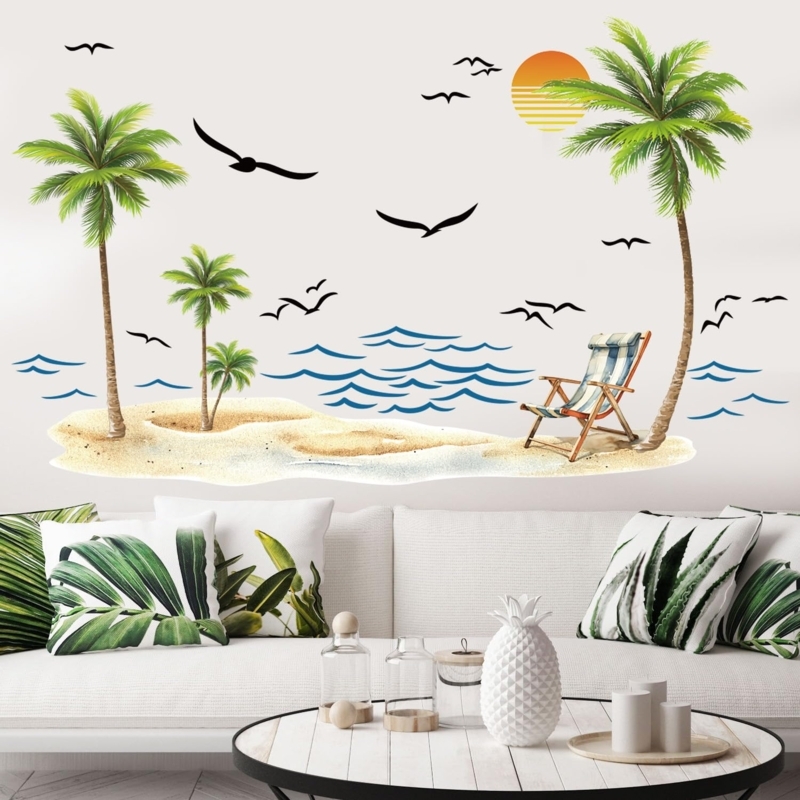 Wall Decal Watercolor Palm Tree Beach Scene Peel and Stick Decor