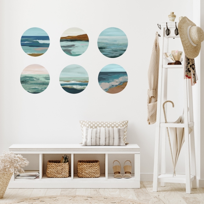 Wall Decals Circular Ocean Art Set of 6 Fabric Texture Coastal Decor