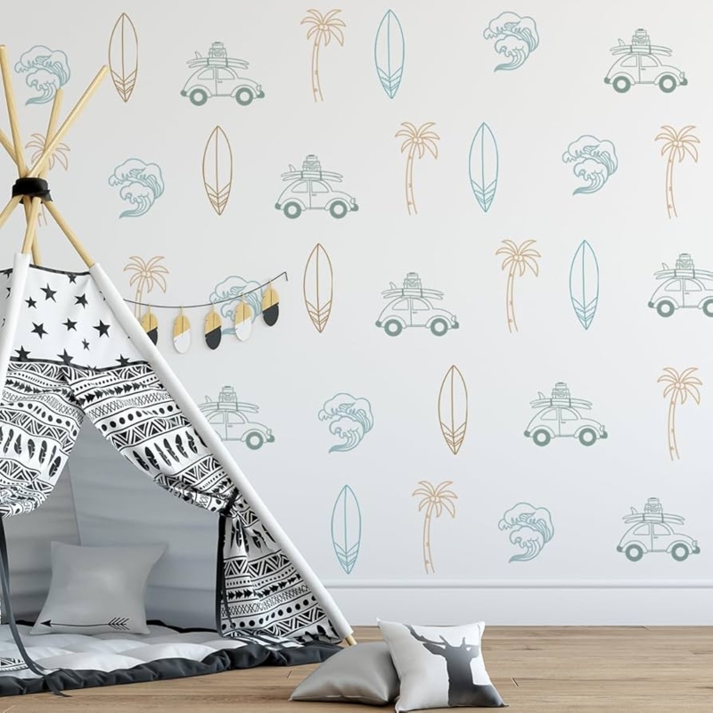 Wall Decals Retro Surfer Theme Vintage Car Motifs Boho Nursery Decor
