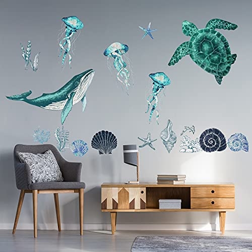 Wall Decals Watercolor Marine Blue Whale Mid-Century Coastal Decor