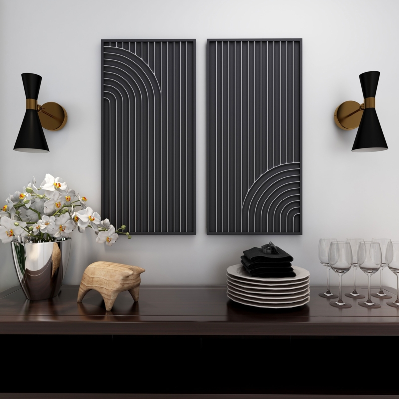 Wall Decor Arched Linear Pattern Matte Black Vertical Slats Set