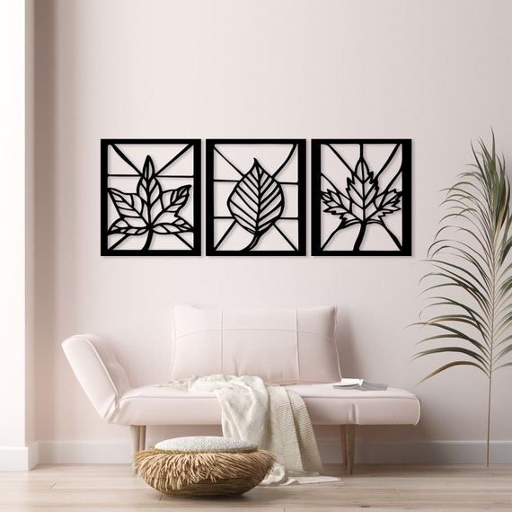 Wall Decor Leaf Motif Laser Cut Design Triptych Metal Geometric Frames
