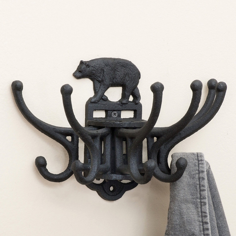 Wall Hook Cast Iron Bear Motif Pivoting Arms Matte Black Cabin Style