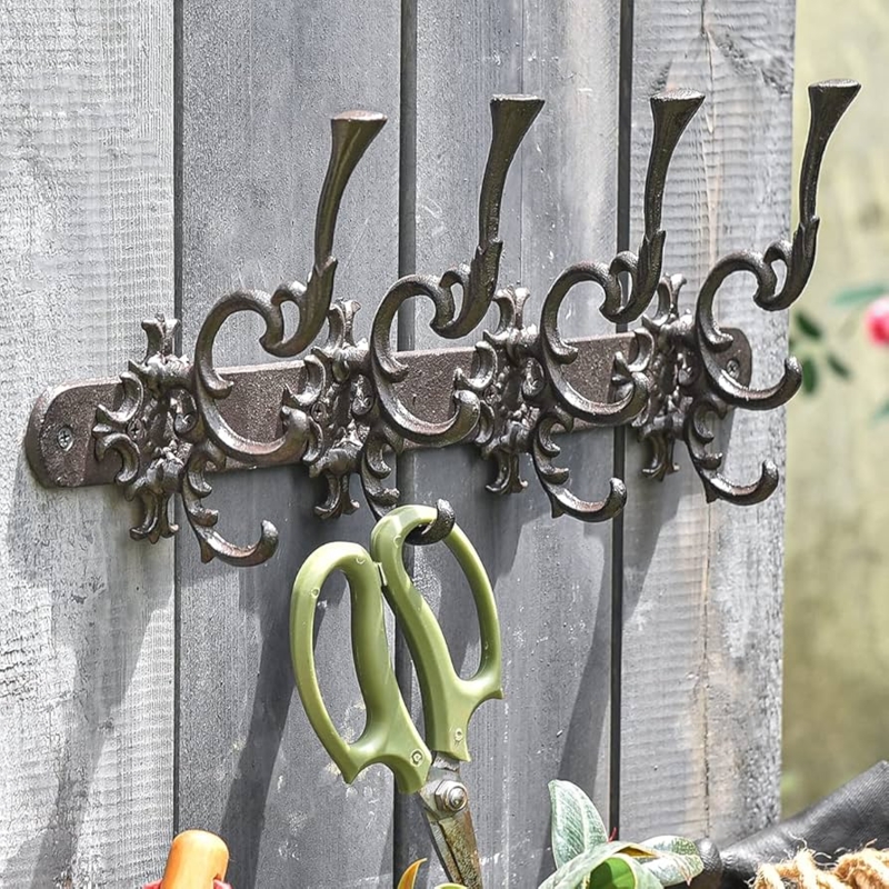 Wall Hook Rack Ornate Scrollwork Cast Iron Distressed Bronze