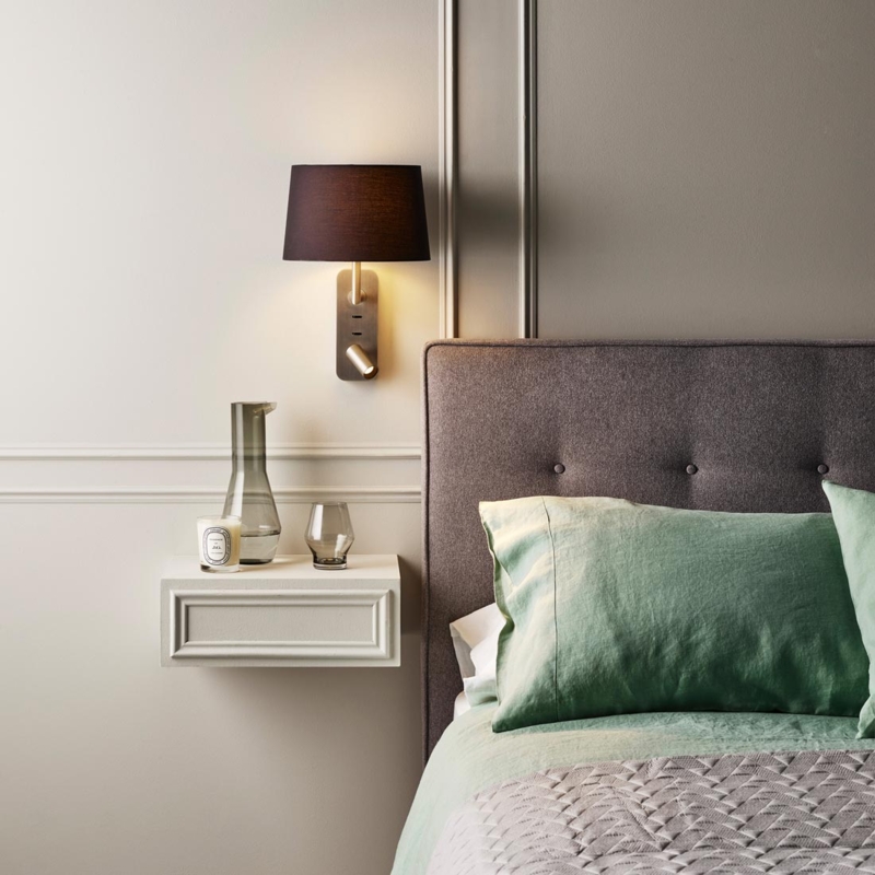 Wall Light: Brushed Brass Fabric Drum Shade With Reading Arm