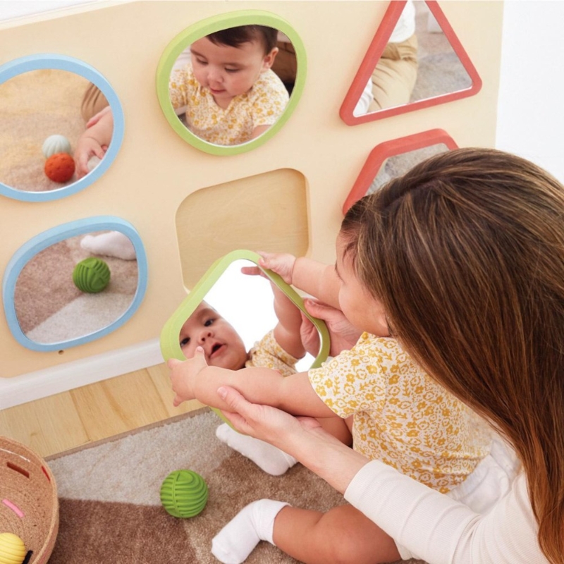 Wall Mirror Set with Removable Geometric Shapes for Tactile Learning