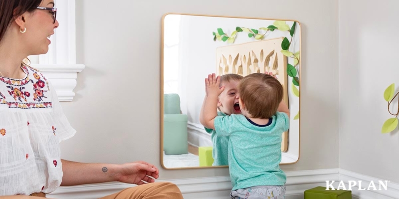 Wall Mirror with Gold Rounded Frame, Low Mounting for Toddler Development