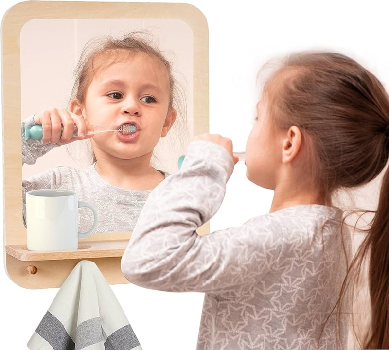 Wall Mirror with Integrated Shelf and Hanging Pegs for Montessori Bathroom