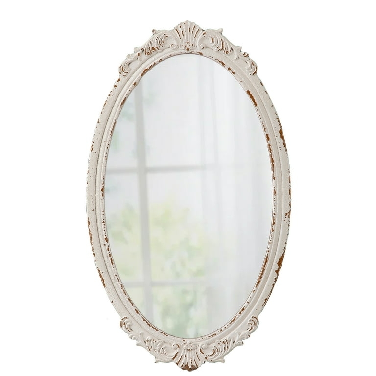 Wall Mirror with Ornate Scrollwork and Distressed White Finish