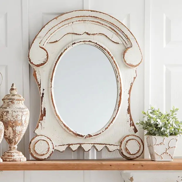 Wall Mirror with Scalloped Edge and Heavily Distressed Whitewash