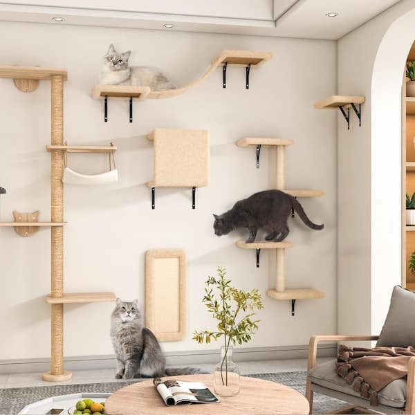 Wall Mounted Cat Shelves with Curved Bridge, Hammock, and Sisal Post