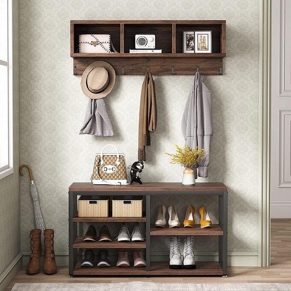 Wall Mounted Coat Rack and Shoe Bench Industrial Set in Walnut