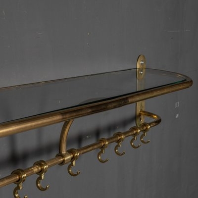 Wall Mounted Coat Rack with Glass Top Shelf & Antique Brass Finish