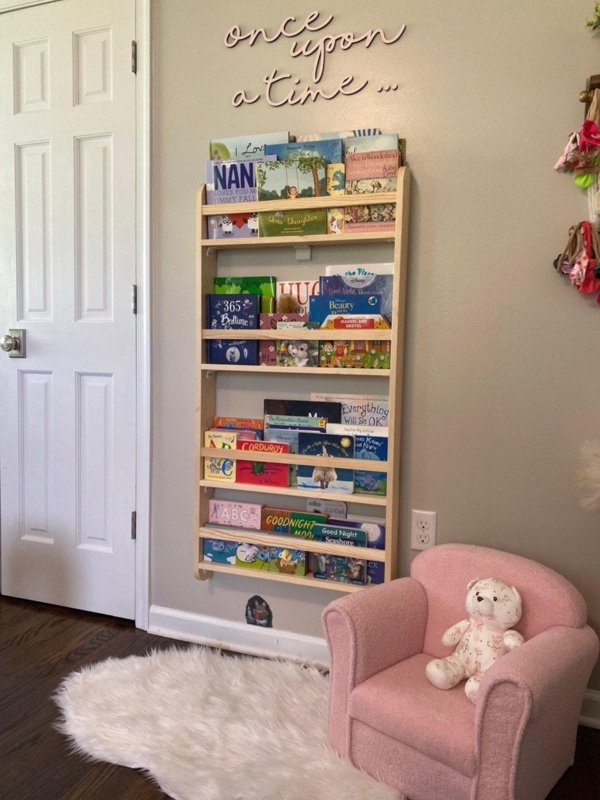 Wall Mounted Nursery Shelf with Four Tiers of Natural Wood