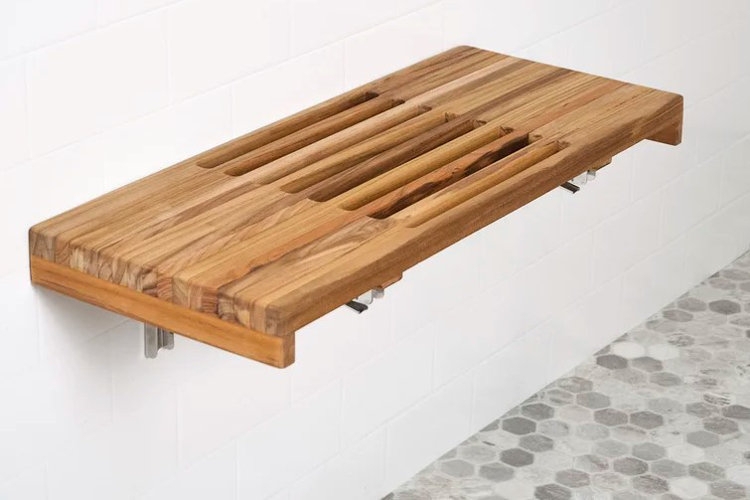 Wall Mounted Shower Bench with Slatted Wood Top