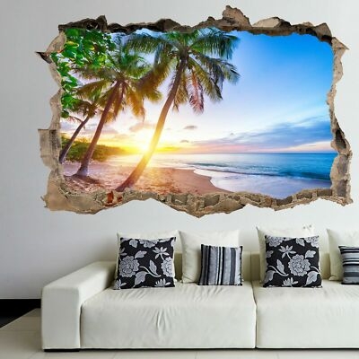 Wall Mural 3D Cracked Wall Effect Caribbean Tropical Beach Sunset Art