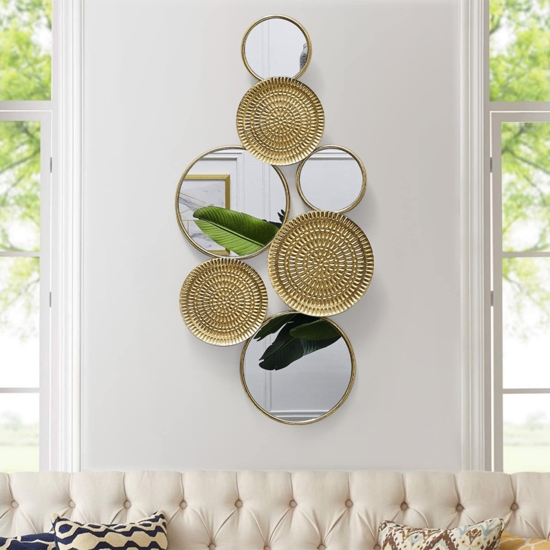 Wall Sculpture Mirror Inserts Vertical Layout Textured Gold