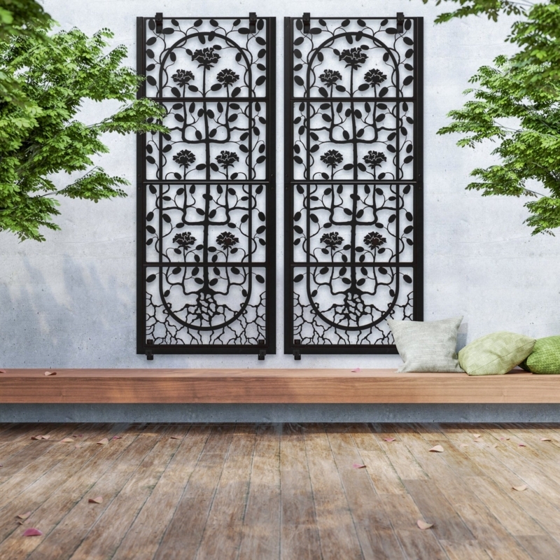 Wall Trellis Set Floral Botanical Motif Arched Frame, Metal