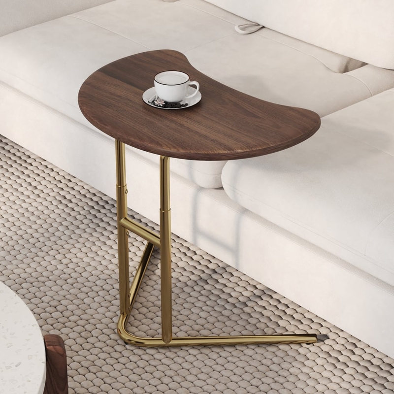 Walnut and Polished Gold C-Shaped Side Table with Kidney Bean Top