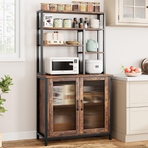 Walnut Bakers Rack with Ribbed Glass Cabinet Doors and Storage