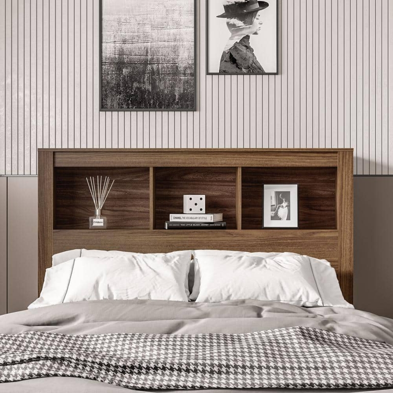 Walnut Bookcase Headboard featuring Three Open Storage Cubbies