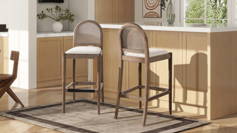 Walnut Brown Bar Stool with Ivory Boucle Seat & Curved Cane Back