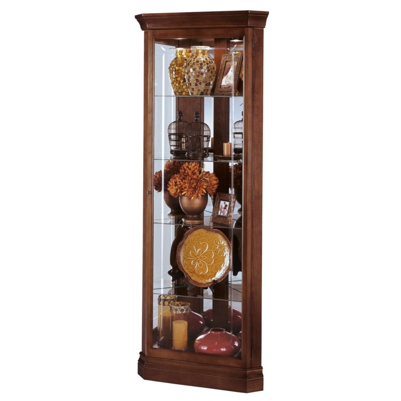 Walnut Brown Corner Curio Cabinet with Satin Finish and Glass Door