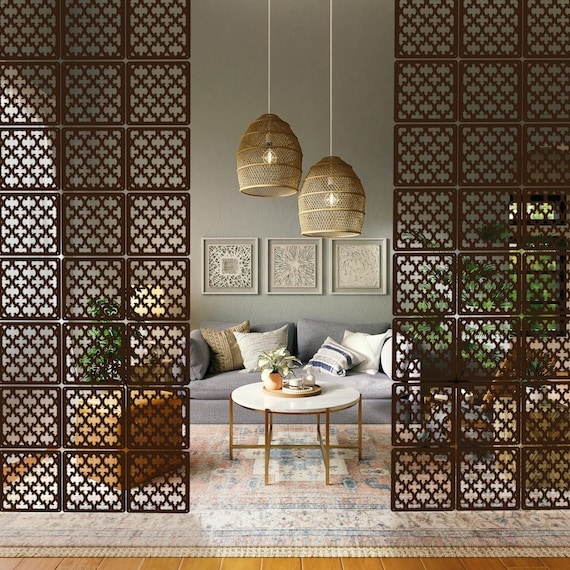 Walnut Brown Hanging Screen with Geometric Fretwork Panels