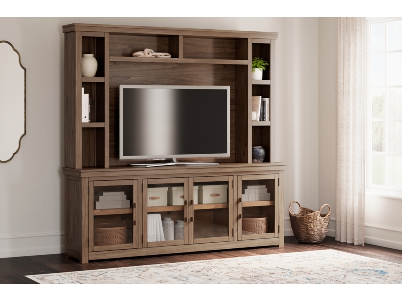 Walnut Brown TV Stand with Hutch Glass Front Doors