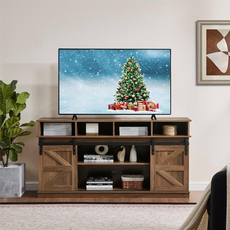 Walnut Brown TV Stand with X-Brace Sliding Barn Doors, Recessed Base