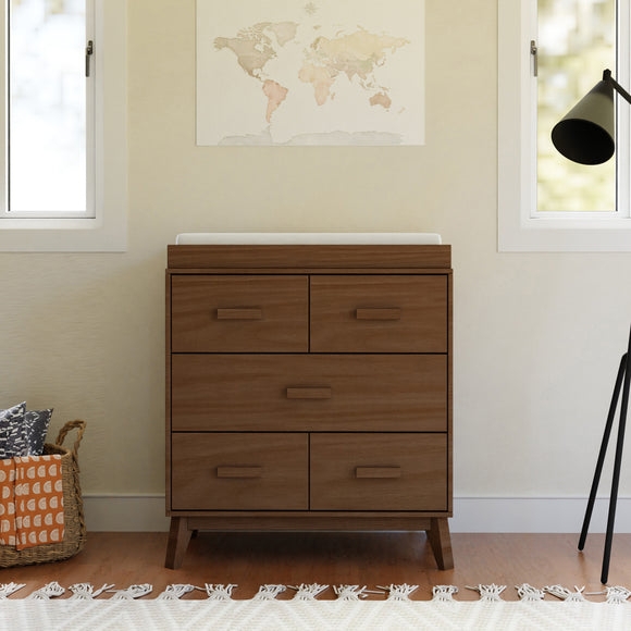 Walnut Changing Dresser with Angled Tapered Legs and Horizontal Bar Pulls.