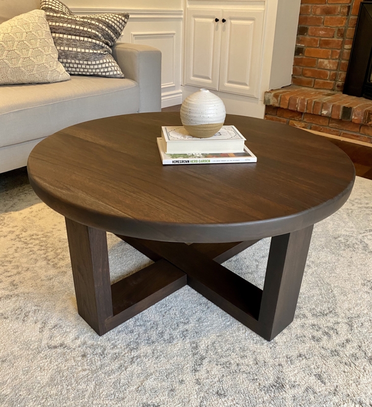 Walnut Coffee Table Thick Edge with Interlocking X-Base Chunky Pedestal Legs