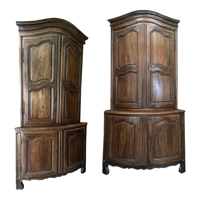 Walnut Corner Armoire featuring Bow Front Design and Four Doors.