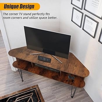 Walnut Corner Media Console with Hairpin Legs and Rounded Corners