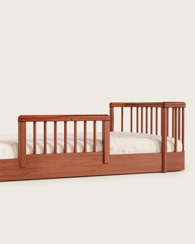Walnut Kids Bed with Slatted Safety Rails and Vertical Spindles