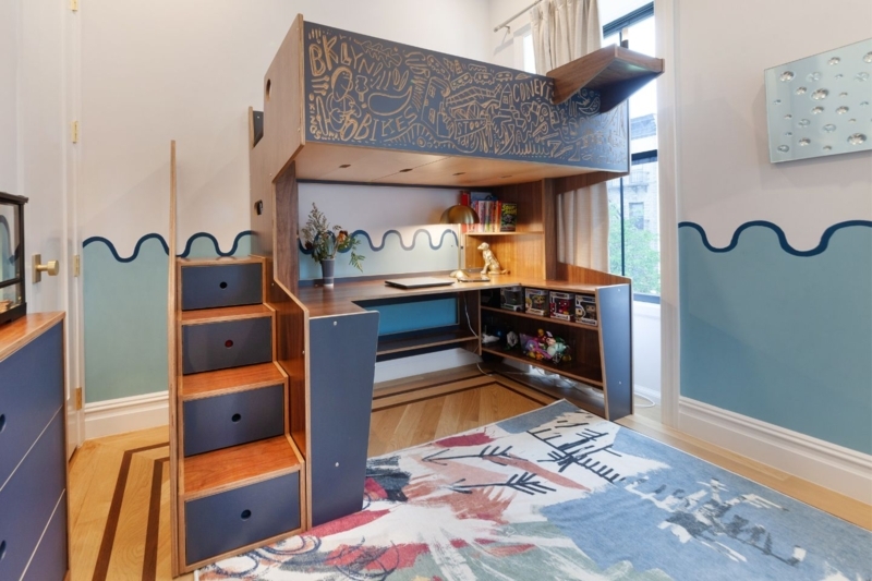 Walnut Loft Bed with Integrated Desk and Graphic Side Panel