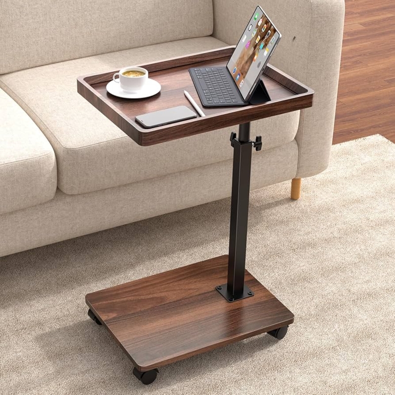 Walnut Rolling C-Table with Raised Tray Top for Small Spaces