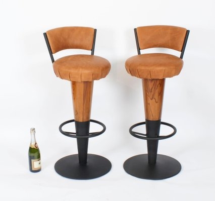 Walnut Stem Bar Stools with Pleated Tan Upholstery and Pedestal Base