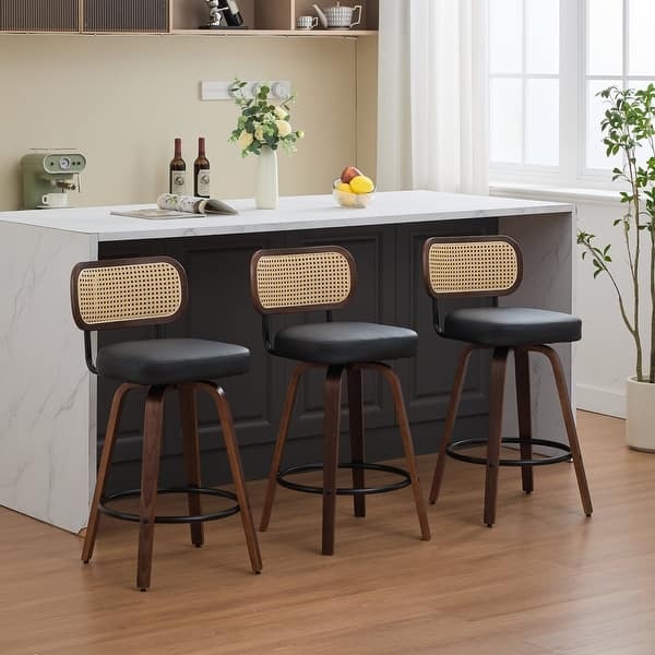Walnut Swivel Bar Stool with Leather-like Upholstery & Black Accents