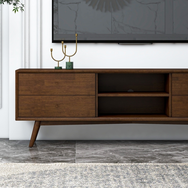 Walnut TV Stand with Grain Finish, Mid-Century Cabinet featuring Drawers.