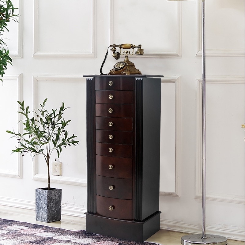 Walnut Two-Tone Jewelry Armoire, Bow Front Drawers, Fluted Pillars