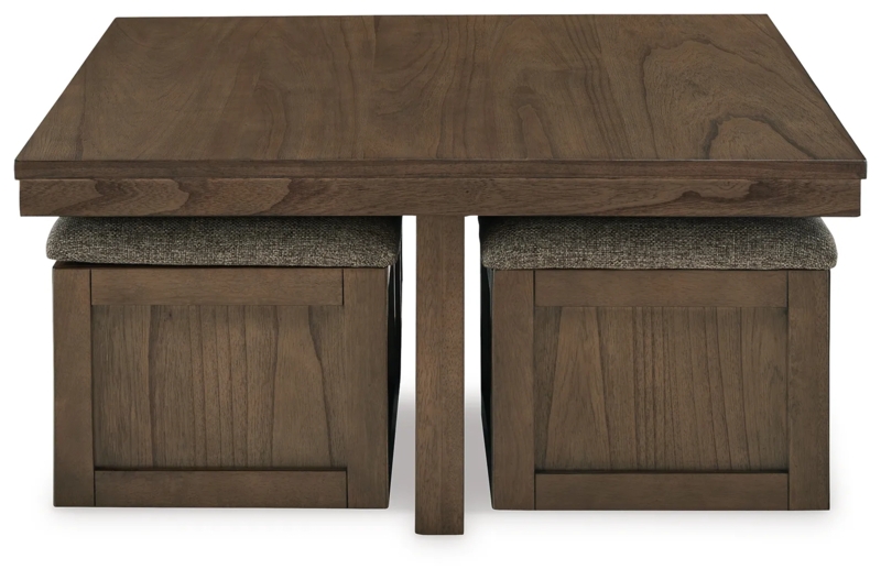 Walnut Wood Coffee Table Set with Heathered Fabric Stools