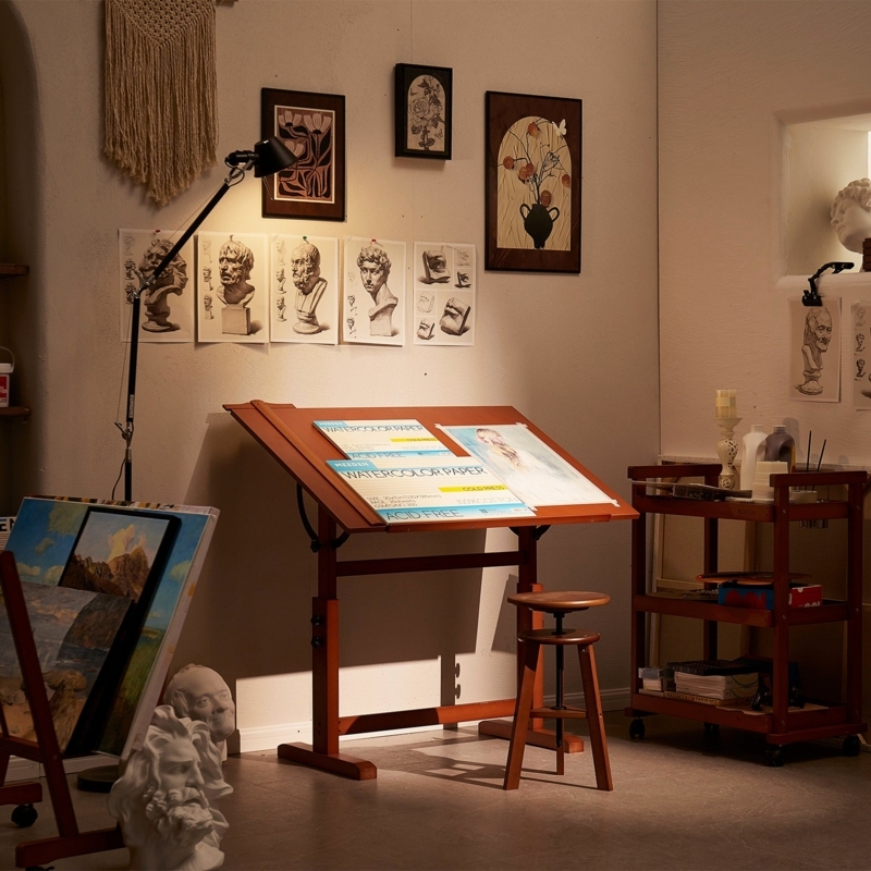 Walnut Wood Drafting Table with T-Shaped Legs and Screw-Top Stool