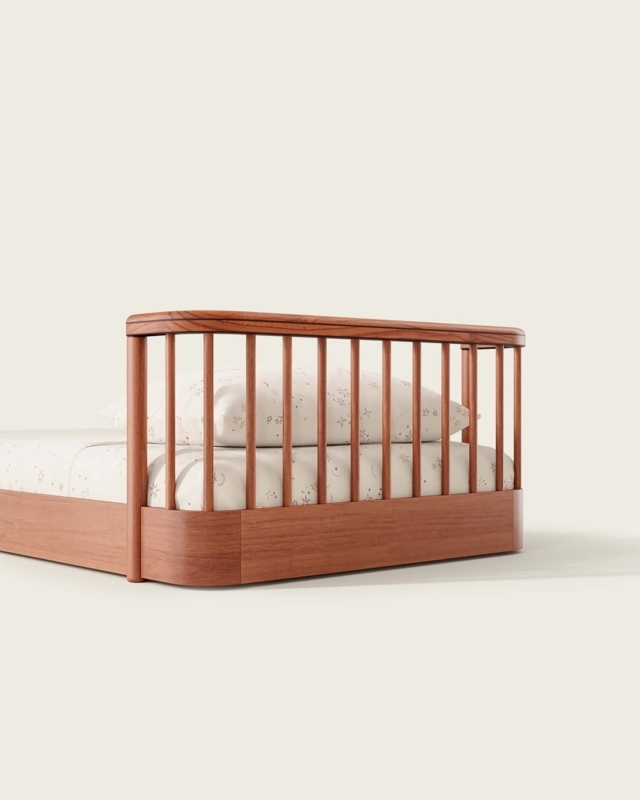 Walnut Wood Kids Bed featuring Vertical Spindles and Curved Edges