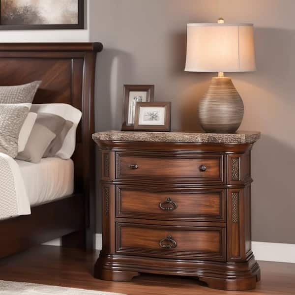 Walnut Wood Nightstand Stone Top Bedroom Furniture Three Drawers Lattice