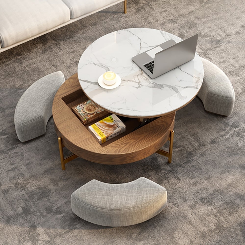 Walnut Wood Toned Lift Top Coffee Table Set with Curved Ottomans
